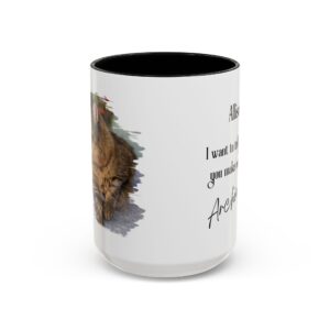Custom Cat Lover Mug with Pet Photo – Brush-Style Design, Owner's and Cat's Names, Inspirational Message, 15 oz Coffee Cup